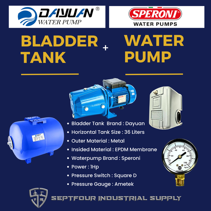 Speroni 1HP JET waterpump (Made in Italy) with Horizontal Bladder Tank/Butyl Rubber Diaphragm Tank (set)