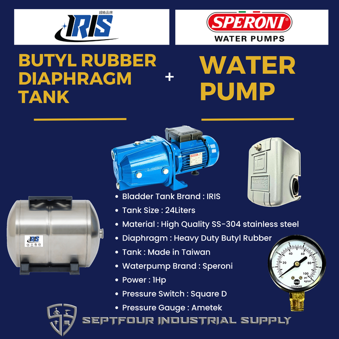 Speroni 1HP JET waterpump (Made in Italy) with Horizontal Bladder Tank/Butyl Rubber Diaphragm Tank (set)