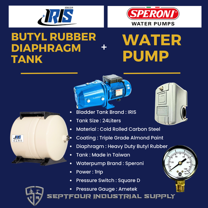 Speroni 1HP JET waterpump (Made in Italy) with Horizontal Bladder Tank/Butyl Rubber Diaphragm Tank (set)