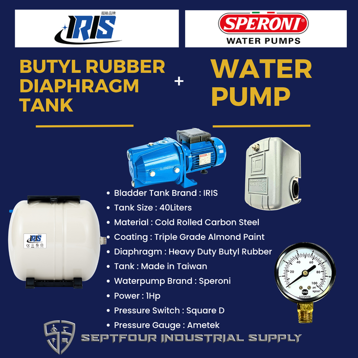 Speroni 1HP JET waterpump (Made in Italy) with Horizontal Bladder Tank/Butyl Rubber Diaphragm Tank (set)