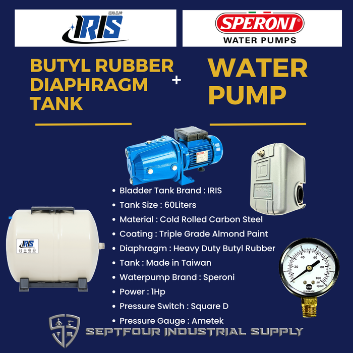 Speroni 1HP JET waterpump (Made in Italy) with Horizontal Bladder Tank/Butyl Rubber Diaphragm Tank (set)
