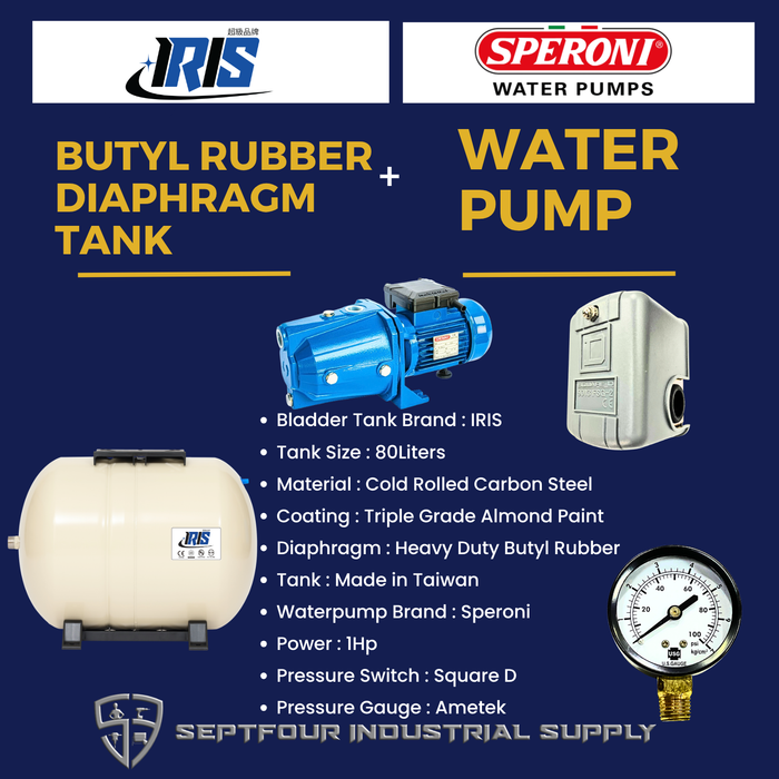 Speroni 1HP JET waterpump (Made in Italy) with Horizontal Bladder Tank/Butyl Rubber Diaphragm Tank (set)