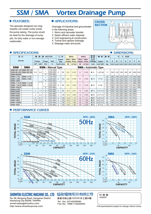 SHOWFOU (SSA) series Non-Clog Sewage Pump with Mac 3 Float Switch 不阻塞污物幫浦 - Made in Taiwan