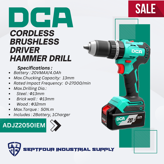 DCA 13mm 20V Cordless Brushless Driver Hammer Drill ADJZ2050i EM SEPTFOUR INDUSTRIAL SUPPLY
