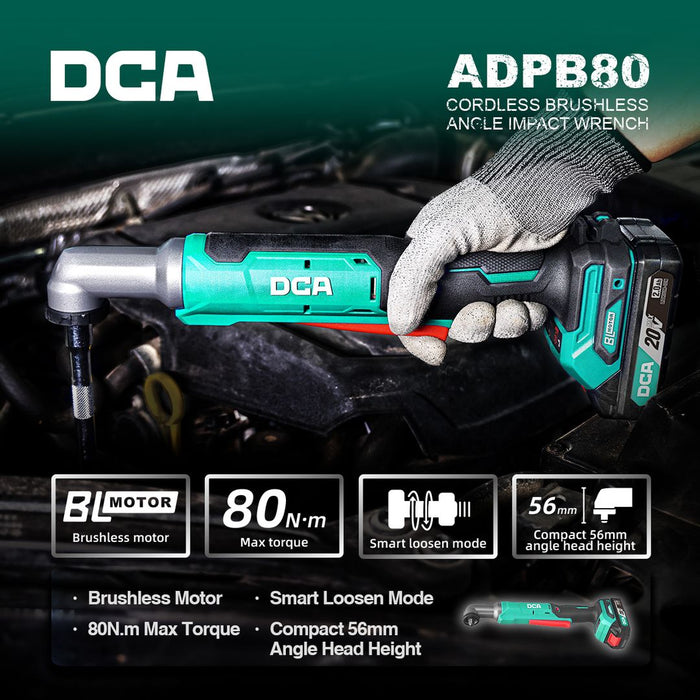 DCA 9.5mm (3/8") 20V Cordless Brushless Angle Impact Wrench ADPB80 AM