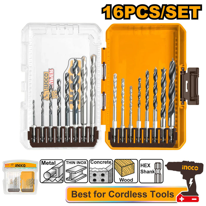 Ingco 16 Pcs  Metal Multifunction Drill & Wood Drill Bits Set AKDL11606