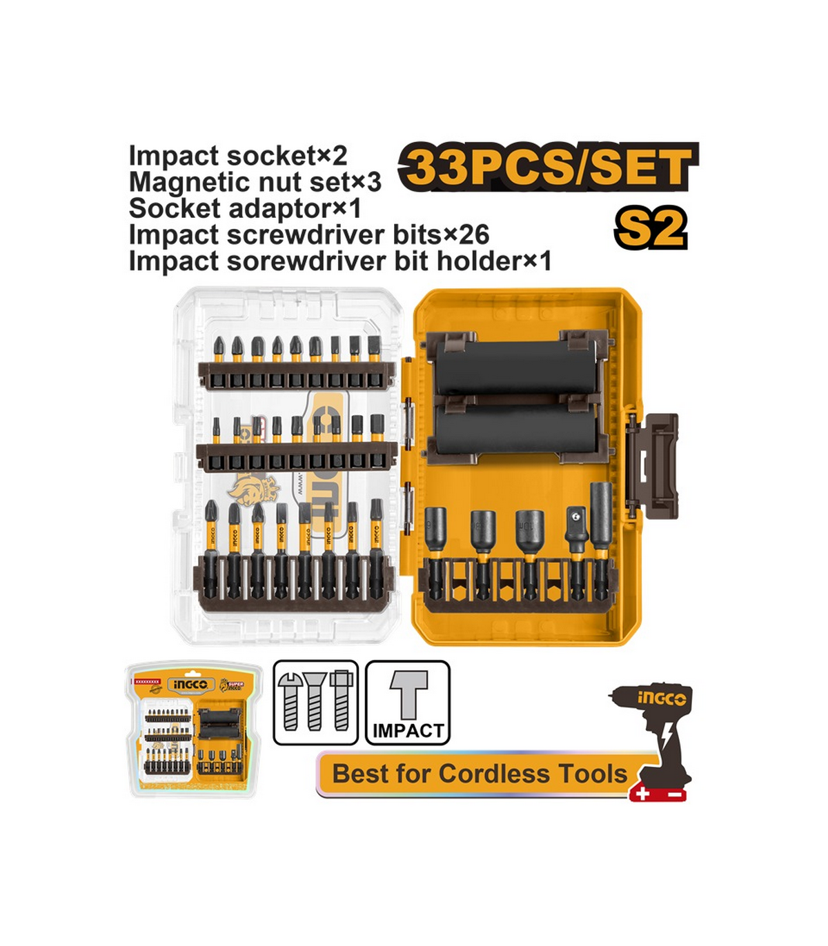 Ingco 33 Pcs Impact Screwdriver Bits and Socket Set AKDL63306 ...