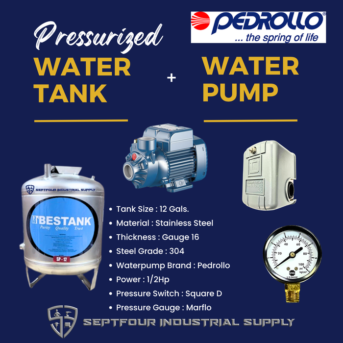 PEDROLLO 1/2Hp or 1Hp Waterpump (Made in Italy) with Stainless Steel Pressurized Tank