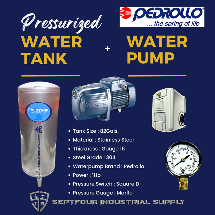 PEDROLLO 1/2Hp or 1Hp Waterpump (Made in Italy) with Stainless Steel Pressurized Tank
