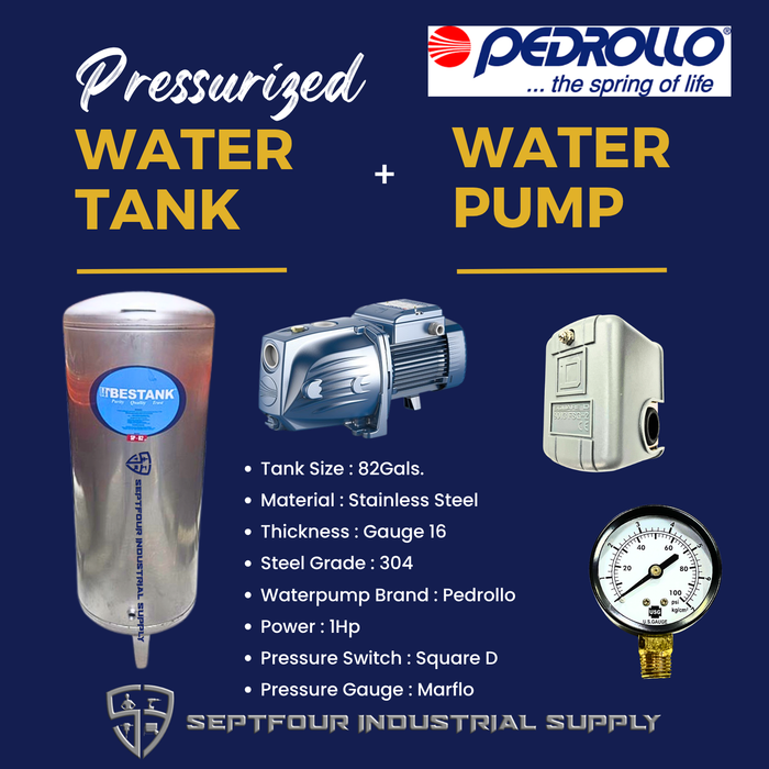PEDROLLO 1/2Hp or 1Hp Waterpump (Made in Italy) with Stainless Steel Pressurized Tank