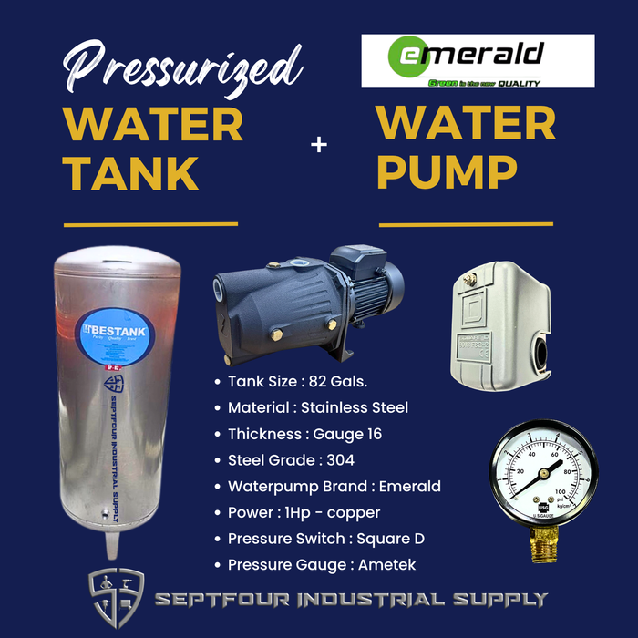 Emerald 1/2Hp or 1Hp JET Waterpump with Stainless Steel Pressurized Tank  Switch and Gauge (set)
