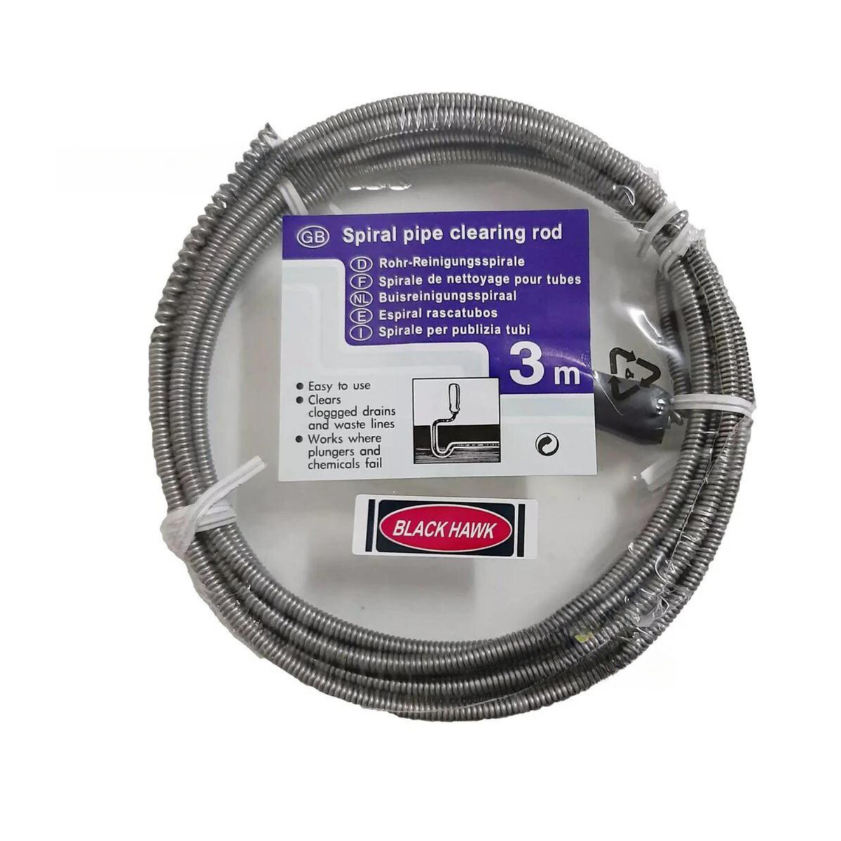 Black Hawk Spiral Drain Auger Clearing Rod — SEPTFOUR INDUSTRIAL SUPPLY