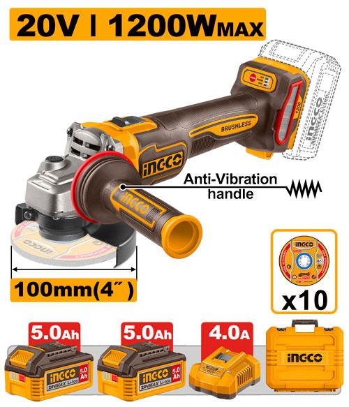 Ingco 4" 20V 1200W Cordless Al Angle Grinder