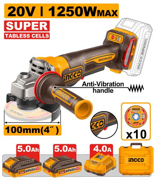 Ingco 4" 20V 1250W Cordless Angle Grinder CAGLI235152