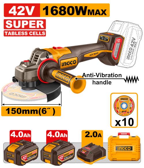 Ingco 6" 42V 1680W Cordless Angle Grinder CAGLI478162