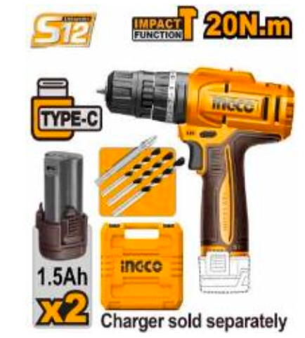 Ingco 12V 20Nm Cordless Impact Drill CIDLI12206 — SEPTFOUR