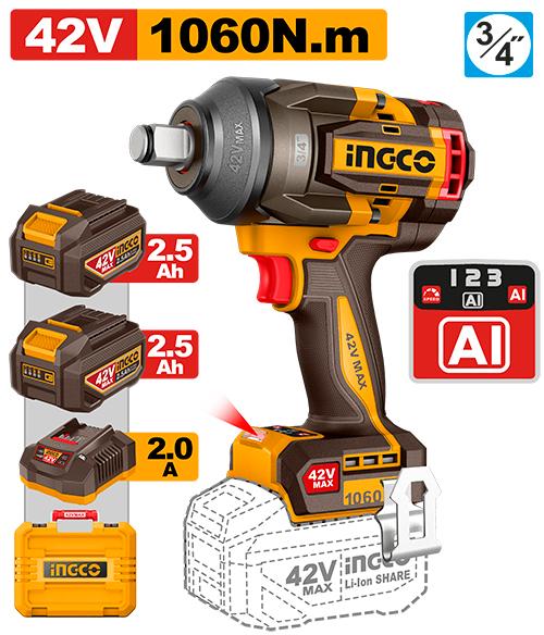 Ingco 42V 1060Nm Cordless Impact Wrench  CIWLI421062