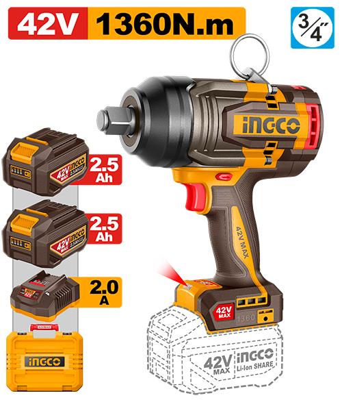 Ingco 42V 1360 Nm Cordless Impact Wrench CIWLI421362