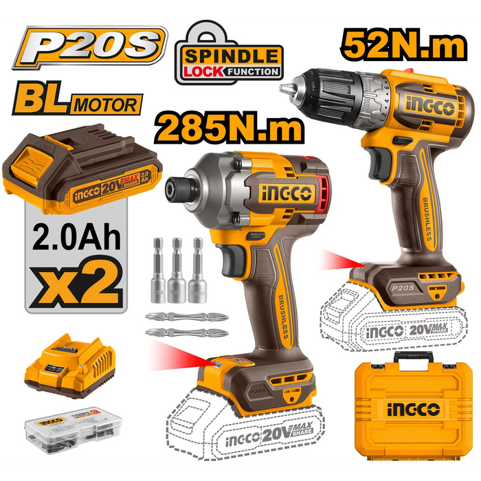 Ingco 52N.m 2 PCS Cordless Combo Kit CKLI20272