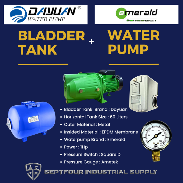 Emerald 1HP Jet Pump with Horizontal Bladder Tank/Butyl Rubber Diaphragm Tank (set)