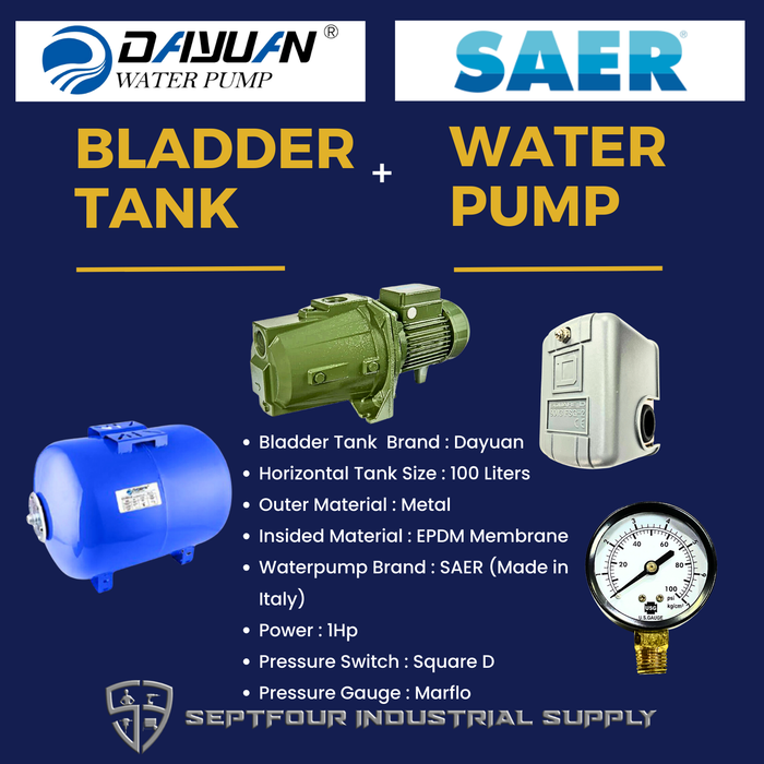 SAER 1HP JET Waterpump (Made in Italy) with Horizontal Bladder Tank/Butyl Rubber Diaphragm Tank (set)