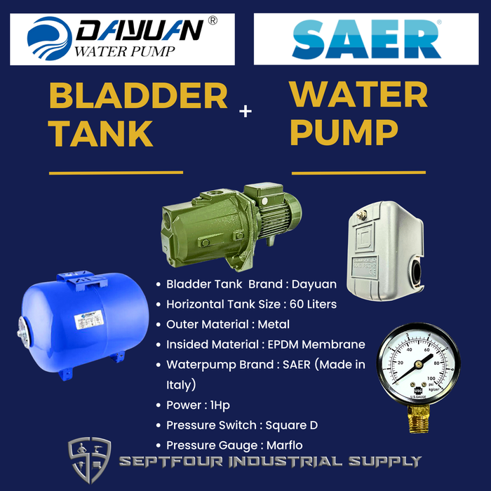 SAER 1HP JET Waterpump (Made in Italy) with Horizontal Bladder Tank/Butyl Rubber Diaphragm Tank (set)