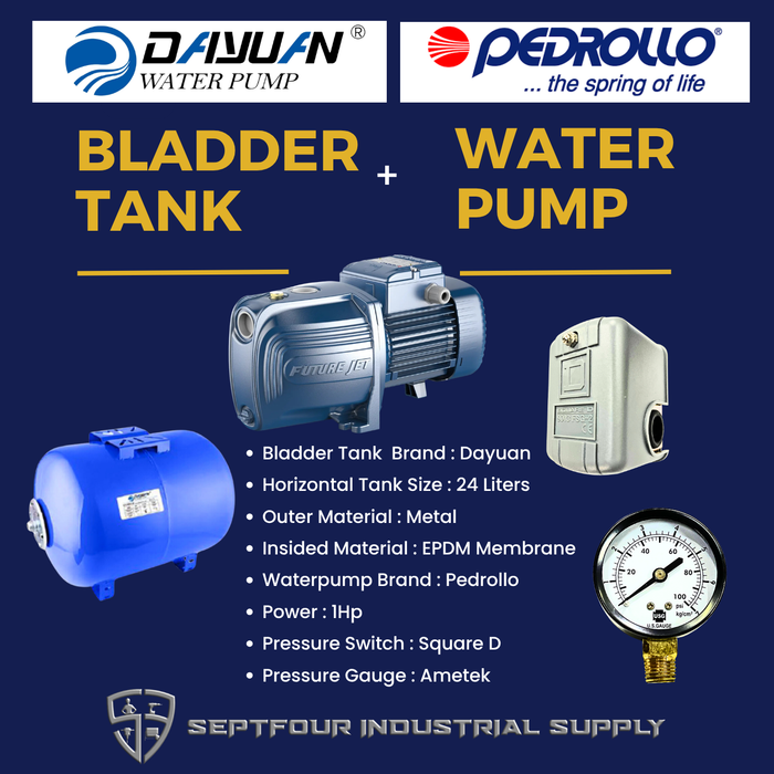 Pedrollo 1HP JET waterpump (Made in Italy) with Horizontal Bladder Tank/Butyl Rubber Diaphragm Tank (set)