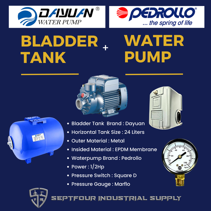 Pedrollo 1/2 HP JET Waterpump with Horizontal Bladder/ Butyl Rubber Diaphragm Tank (set)