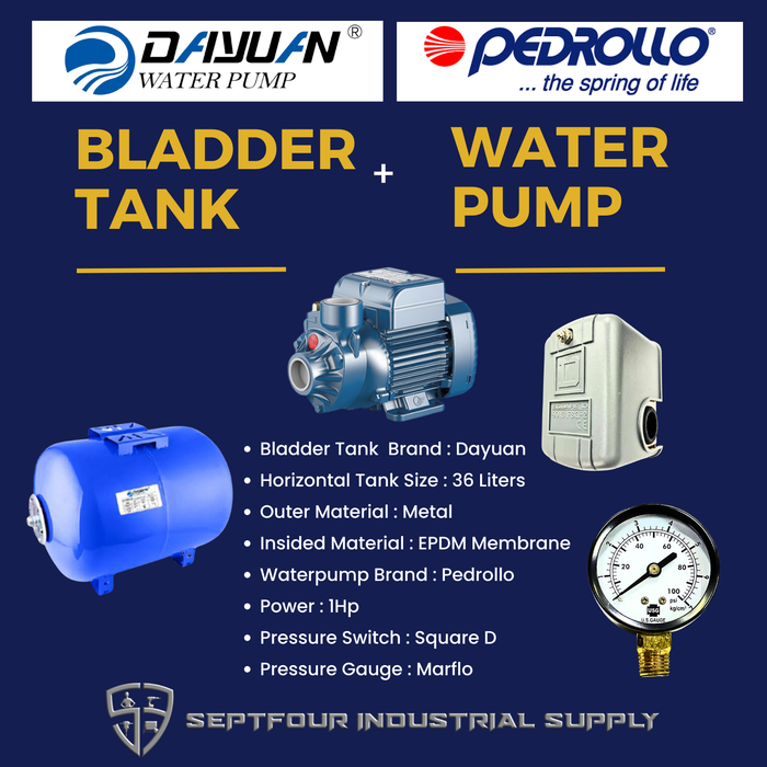 Pedrollo 1/2 HP JET Waterpump with Horizontal Bladder/ Butyl Rubber Diaphragm Tank (set)