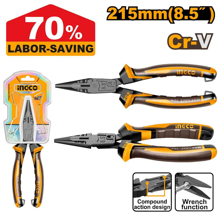 Ingco 8.5" Compound Action Long Nose Pliers HCLNP58206