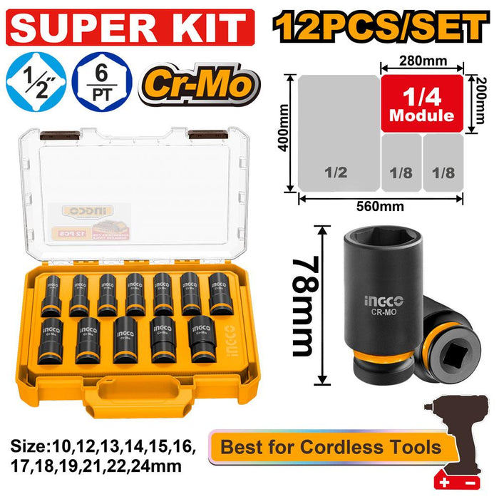 Ingco 12pcs. 1/2" Dr. Deep Impact Socket Set HKISSD12126L