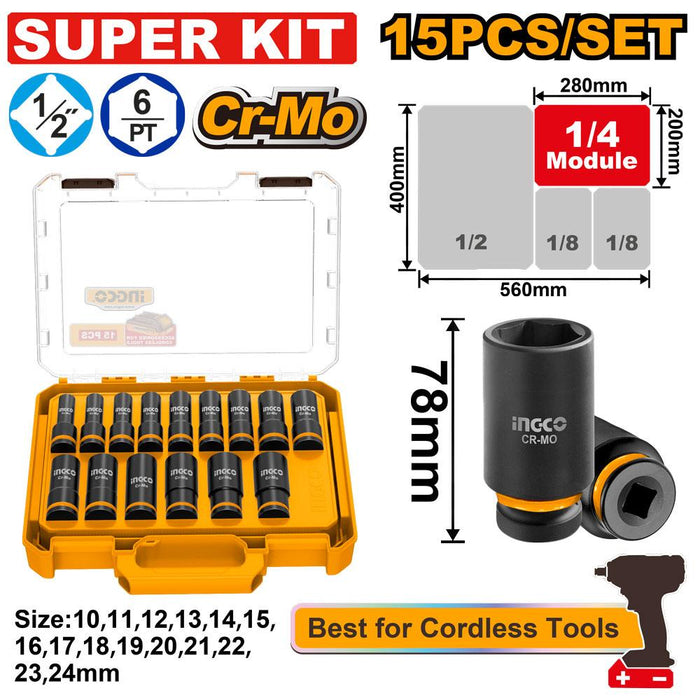 Ingco 15pcs. 1/2" Dr. Deep Impact Socket Set HKISSD12156L