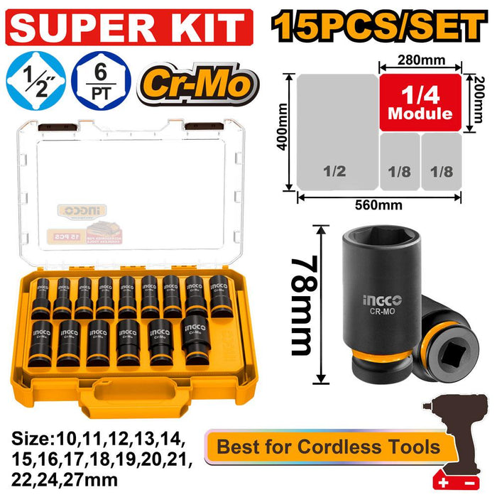 Ingco 15pcs. 1/2" Dr. Deep Impact Socket Set HKISSD12158L