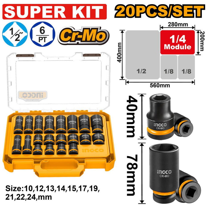 Ingco 20 Pcs 1/2"DR. Impact Socket Set HKISSD12206L