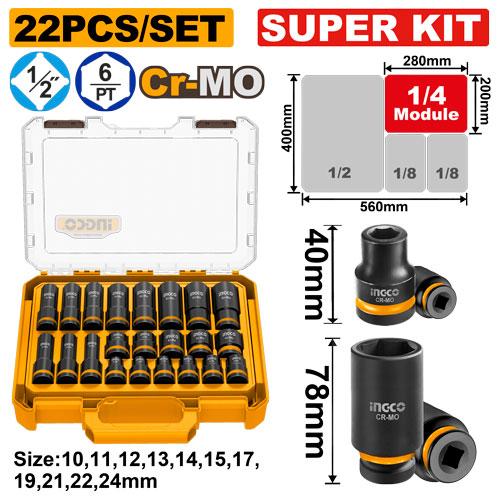 Ingco 22 Pcs 1/2"DR. Impact Socket Set HKISSD12224L