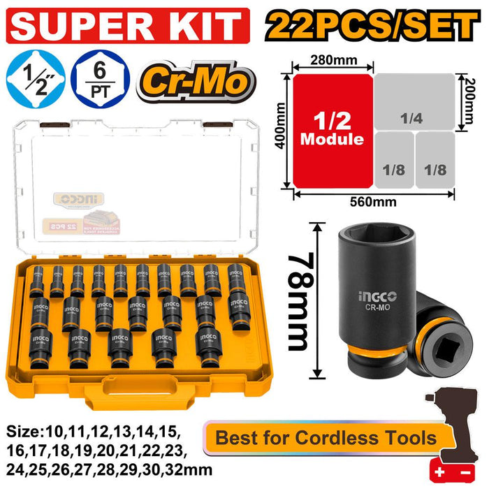 Ingco 22pcs. 1/2" Dr. Deep Impact Socket Set HKISSD12226L