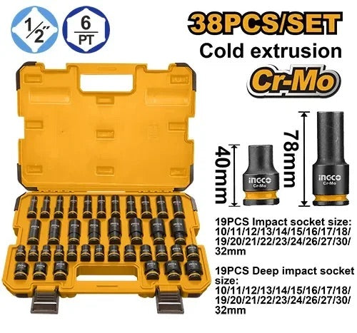 Ingco 38Pcs 1/2" DR. Impact Socket Set HKISSD12388L