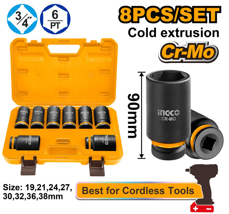Ingco 8 Pcs 3/4"DR. Deep Impact Socket Set HKISSD34086L