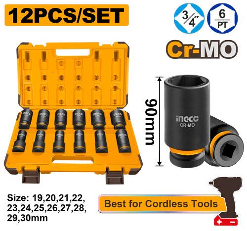Ingco 12 Pcs 3/4"DR. Deep Impact Socket Set HKISSD34128L