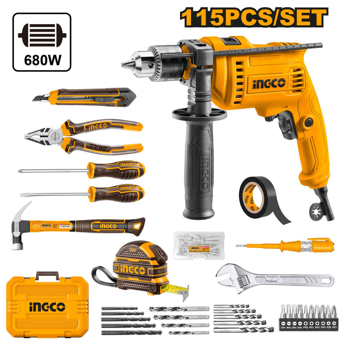 Ingco 680W Impact Drill with 115 pcs Tool Set HKTHP11151