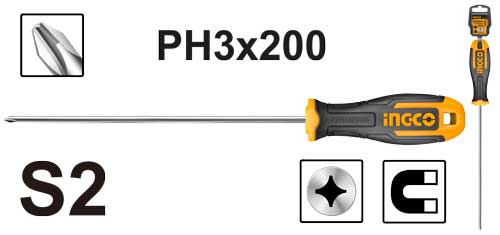 Ingco 6x200mm Phillip Screwdriver Round Shank PH3 HS68PH3200