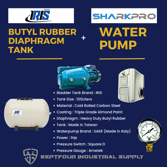 Sharkpro 1HP Jet Pump with Horizontal Bladder Tank/Butyl Rubber Diaphragm Tank (set)