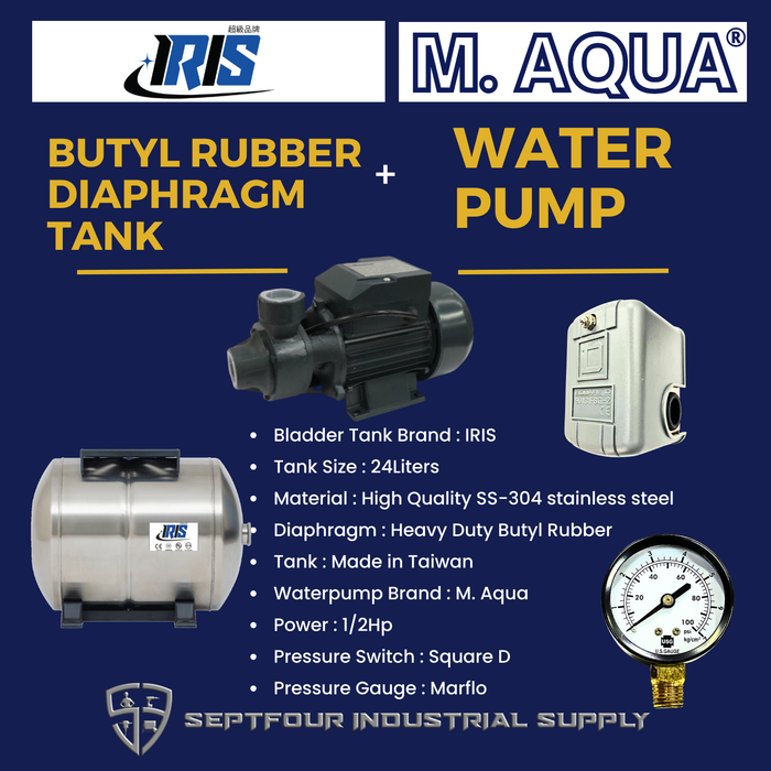 M. Aqua 1/2HP JET Waterpump with Horizontal Bladder/Butyl Rubber Diaphragm Tank (SET)