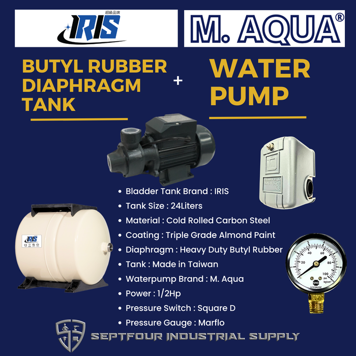 M. Aqua 1/2HP JET Waterpump with Horizontal Bladder/Butyl Rubber Diaphragm Tank (SET)