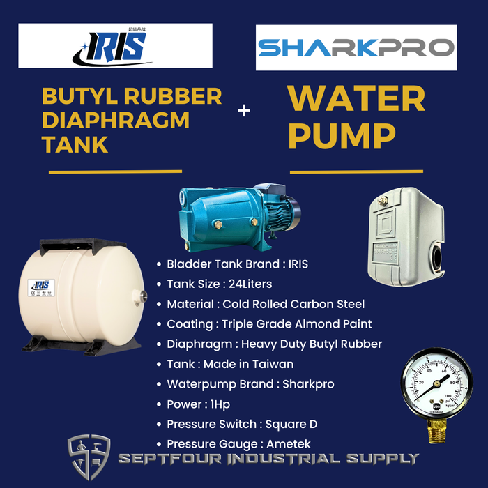 Sharkpro 1HP Jet Pump with Horizontal Bladder Tank/Butyl Rubber Diaphragm Tank (set)