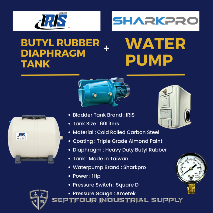 Sharkpro 1HP Jet Pump with Horizontal Bladder Tank/Butyl Rubber Diaphragm Tank (set)