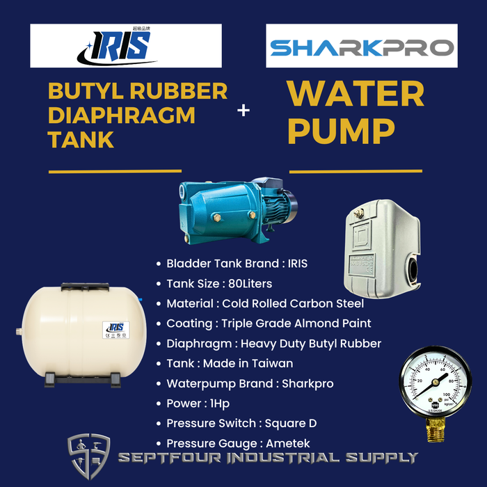 Sharkpro 1HP Jet Pump with Horizontal Bladder Tank/Butyl Rubber Diaphragm Tank (set)