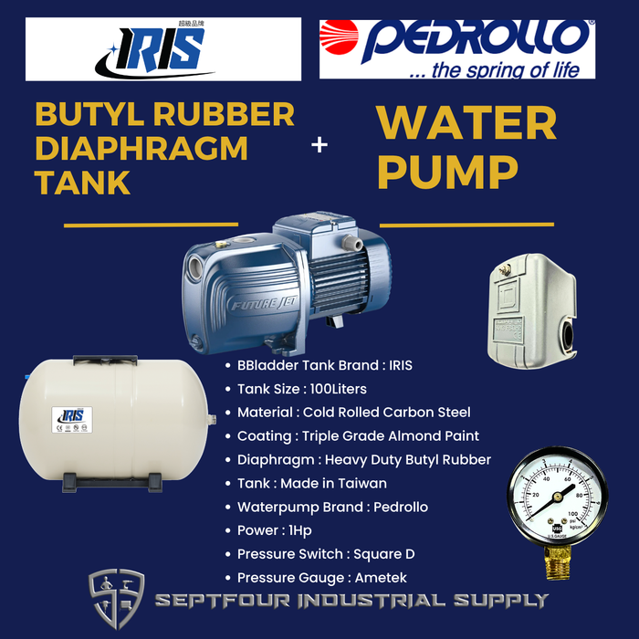 Pedrollo 1HP JET waterpump (Made in Italy) with Horizontal Bladder Tank/Butyl Rubber Diaphragm Tank (set)