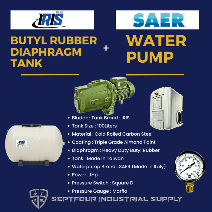 SAER 1HP JET Waterpump (Made in Italy) with Horizontal Bladder Tank/Butyl Rubber Diaphragm Tank (set)