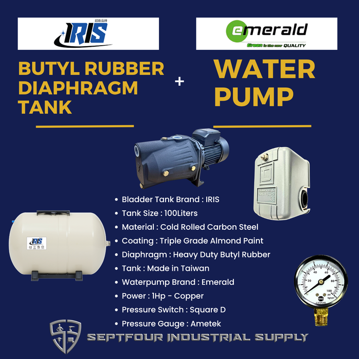 Emerald 1HP Jet Pump with Horizontal Bladder Tank/Butyl Rubber Diaphragm Tank (set)